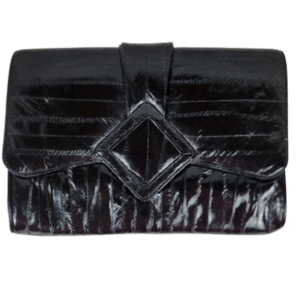 Vintage Eel Skin Leather Clutch Purse Black 80s